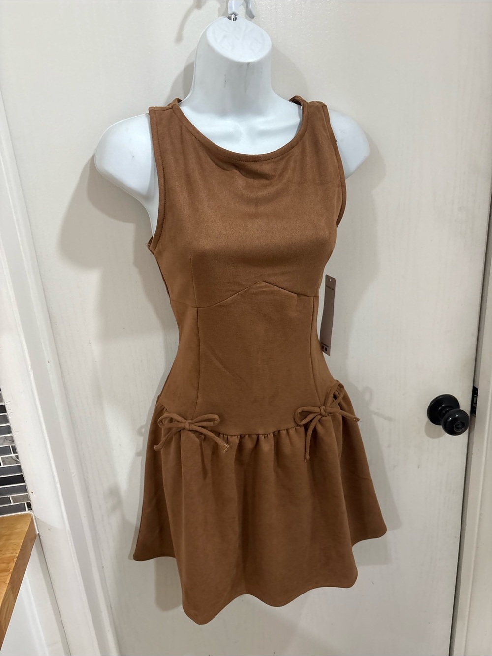Sleeveless suede western country festive  Brown A-Line Dress with Tie Details